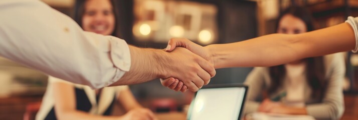 Obraz premium Two professionals exchange a handshake over a table in a well-designed office, closing a deal or greeting