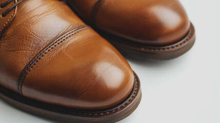 Close Up Elegant Brown Leather Dress Shoes with Detailed Stitching on White Background