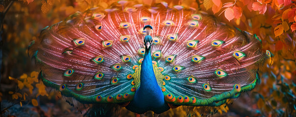 Flamboyant LGBTQ PRIDE banner with a peacock displaying a fan of rainbow feathers