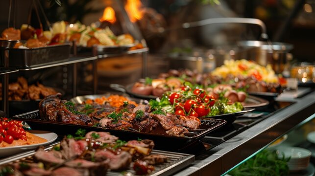 Catering buffet food indoor in restaurant with grilled meat. hyper realistic 