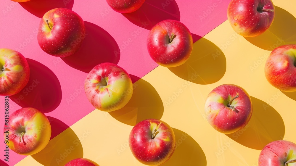 Wall mural creative poster with apples arranged in a pattern on a pink and yellow background.