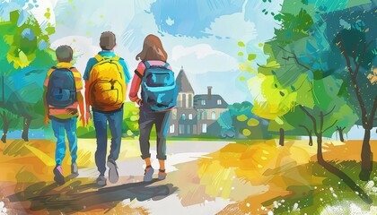 Three people are walking down a path with backpacks