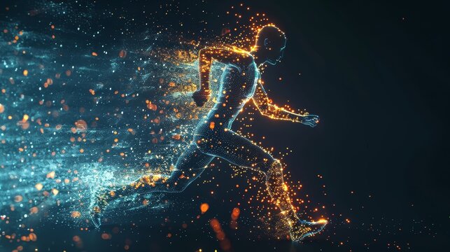 Digital runner made of luminous pixels moving swiftly through the darkness, a study in light and motion