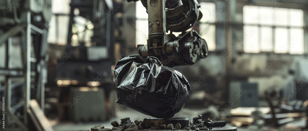 Poster capture a bag-lifting robot at work, emphasizing the mechanical grip, close-up, in a factory setting