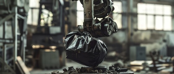 Capture a bag-lifting robot at work, emphasizing the mechanical grip, close-up, in a factory setting, dynamic, Composite, against a backdrop of scattered tools - Powered by Adobe
