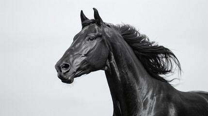 Fototapeta premium Black Horse with Flowing Mane Profile on Light Grey Background