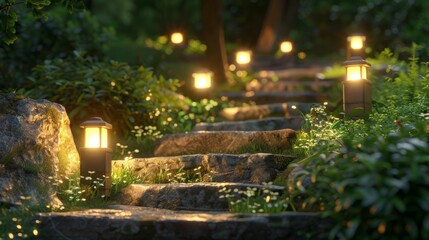 Decorative small solar lights by the stone steps in a garden. Garden illumination at night, solar powered lamps. hyper realistic 