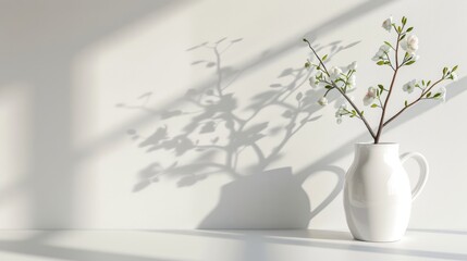 Eco-conscious decor, mug and vase with blooms on white, minimalist ethos, clean and airy, AI Generative hyper realistic 