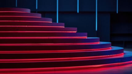 Modern steps lit up in red and blue, providing a sleek, futuristic look in what appears to be an indoor setting
