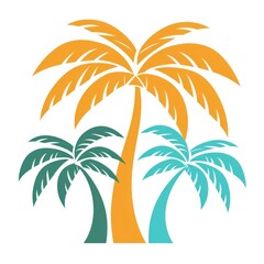 simple illustration of a group of tropical palm trees - orange, green, turquoise on a white background. Tourist design icon, coconut tree silhouette art element