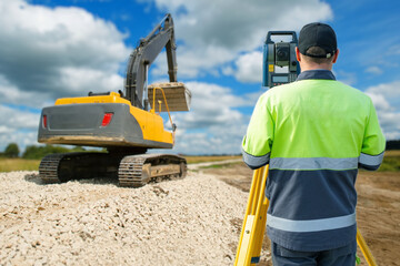 Man surveyor. Road construction. Builder with surveying equipment. Surveyor stands near excavator....