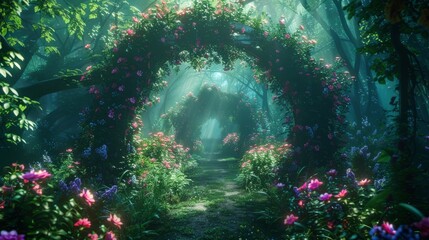 Enchanted fairytale garden, secret pathways under flower arches, vibrant greenery, a digital backdrop of magical beauty, AI Generative hyper realistic 