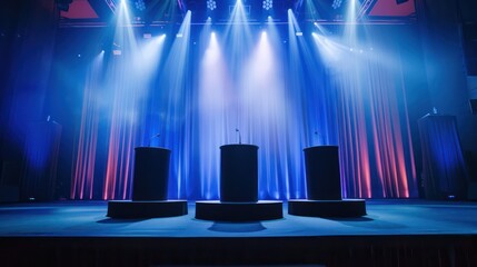 An empty stage with three podiums lit by dramatic blue and purple stage lights, ready for a presentation