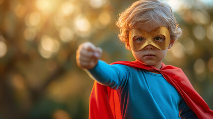 Little superhero boy in red cape and yellow mask. - Powered by Adobe