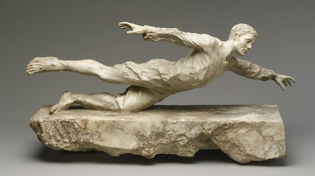 Marble statue of a football player in mid-air