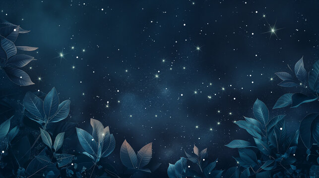 Mystical blue background with leaves and flowers.
