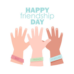 Obraz premium Three hands with different skin color with friendship bracelets on Friendship Day