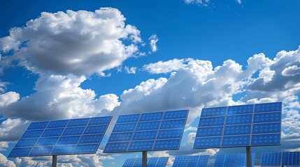 Four solar panels standing against a backdrop of a blue sky and fluffy clouds, depicting clean energy and sustainability, 3D render