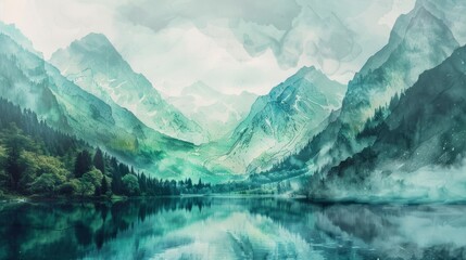 generative ai illustration of beautiful landscape with mountains and lakes in watercolor, aquarelle look hyper realistic 