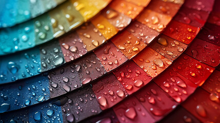 macro closeup master palate paint color wheel with different colorful geometric swatches with water drops on it     