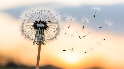 Dandelion in the wind at sunset