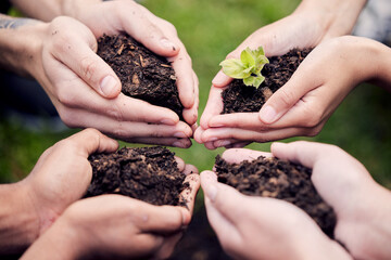 Sustainability, hands or group in circle with soil for environmental support, collaboration and...