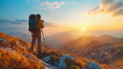 Obraz premium The hiker is standing on the top of the mountain and enjoying the sunset. The view is amazing.