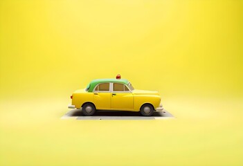 bright yellow taxi cab stopped at a red light, the outline of a metropolitan skyline seen in the...