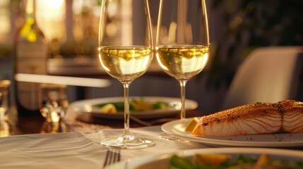 Intimate dinner setting for two, featuring elegant glasses of white wine paired with perfectly baked fish, AI Generative hyper realistic 