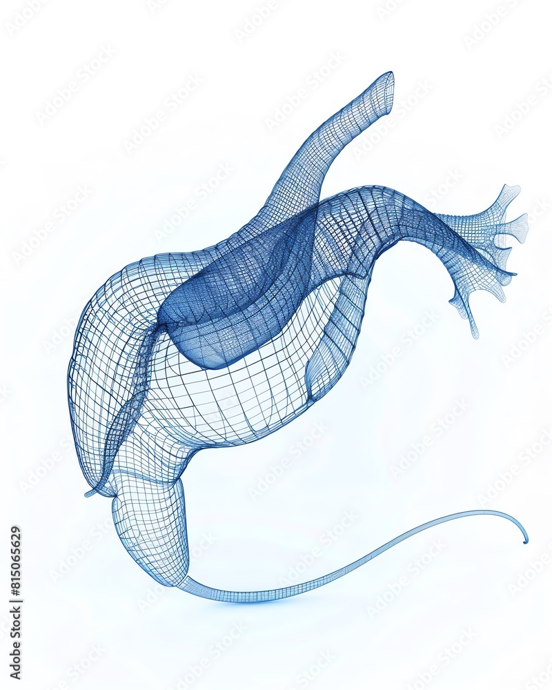 Poster 3d rendering of a blue translucent heart made of wires.
