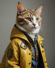 A cat wearing a yellow and leather jacket, looking stylish and ready for any weather. Generative AI