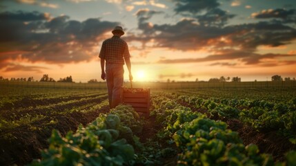 Fototapeta premium Man in a rural field with a vegetable box at sunset represents country life food production hyper realistic 