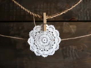 Delicate Elegance: White Doily Adorned with Wooden Clothespin