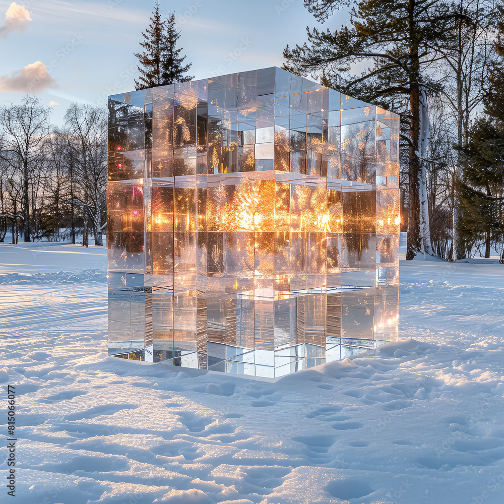 Poster a cube made of ice is sitting in the snow. the cube is reflecting the light from the sun, creating a