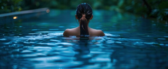 A Young Woman Is Having A Night Swim In The Pool During Her Vacation In Malaysia. With Copy Space , Background