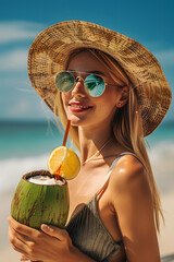 Woman on the beach with a coconut cocktail
