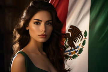 Mexican woman in front of the flag of Mexico