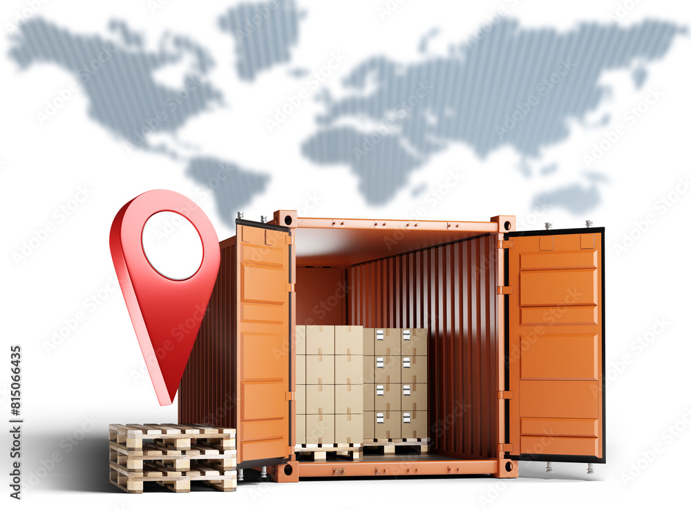 Poster logistic container. sea logistics. pallets with boxes inside cargo container. world map is metaphor 