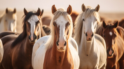 Obraz premium Horse herd run in sunlightwith dust at summer pasture