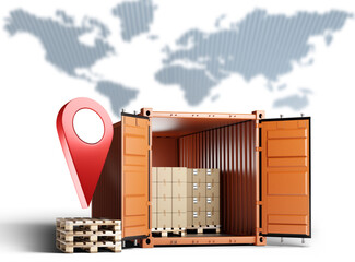 Logistic container. Sea logistics. Pallets with boxes inside cargo container. World map is metaphor...