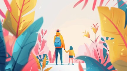 A vibrant and whimsical illustration showing a parent and a child holding hands surrounded by colorful plants