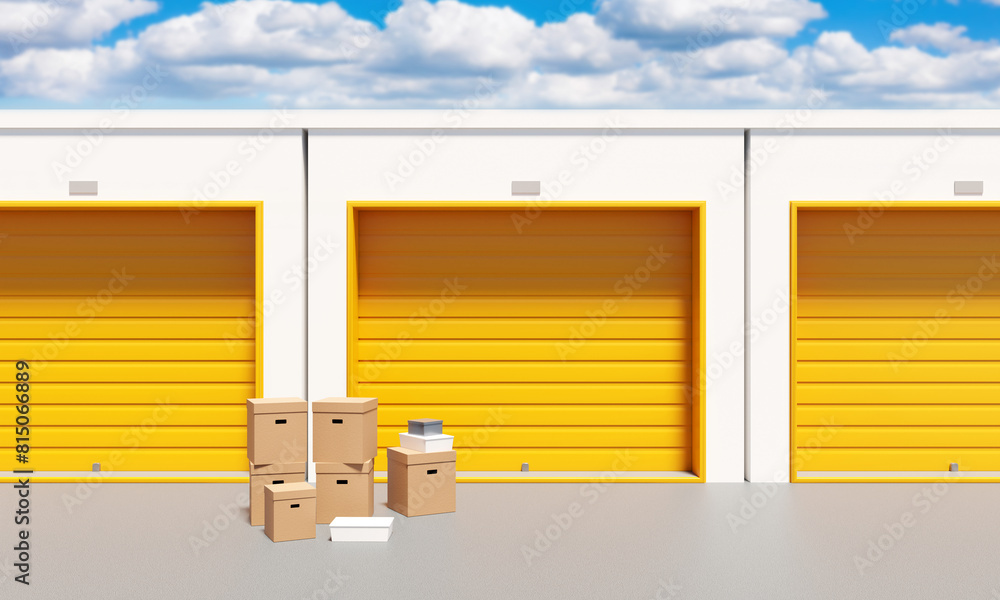 Aufkleber storage space for rent. separate warehouse rooms in open air. boxes near entrance to storage space. 