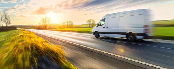 Logistic van speeding along a rural road, close up on the speed, copy space, bright color scheme