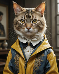 Feline in a smart jacket and tie inside a room. Generative AI