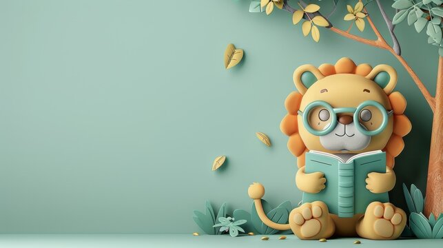 A stuffed lion is sitting in a tree and reading a book