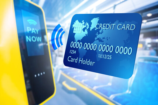 NFC terminal on bus. Credit card to pay for travel. Terminal for accepting non-cash payments. Modern public transport. Pay for bus fare with bank card. NFC technology for trams. Comfort of city buses