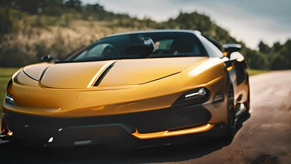 Futuristic yellow sports car in a scenic natural setting. High-performance automobile. Concept of adventure, driving, and elegance. Motion