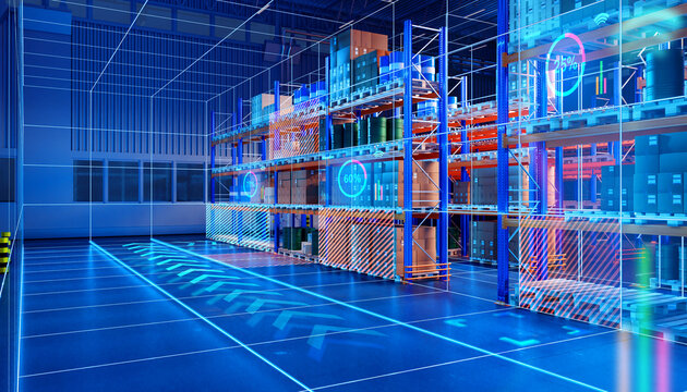 Innovation warehouse. Futuristic distribution center. Warehouse with fullness numbers in front of racks. Shelves with boxes and barrels inside hangar. High-tech logistics warehouse. 3d image