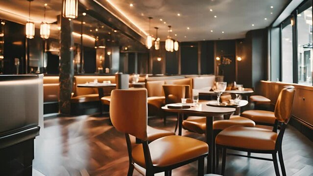 Modern restaurant interior with elegant lighting. Stylish dining area with golden accents. Concept of fine dining, hospitality, and sophisticated decor. Motion