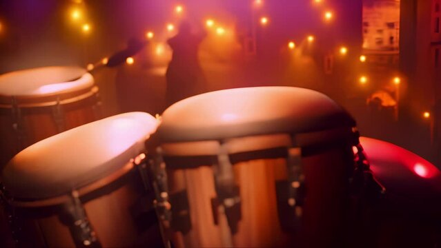 Conga drums on stage under warm lights. Set of wooden congas during a live performance. Concept of music, rhythm, and live performance. Percussion musical instruments. Motion